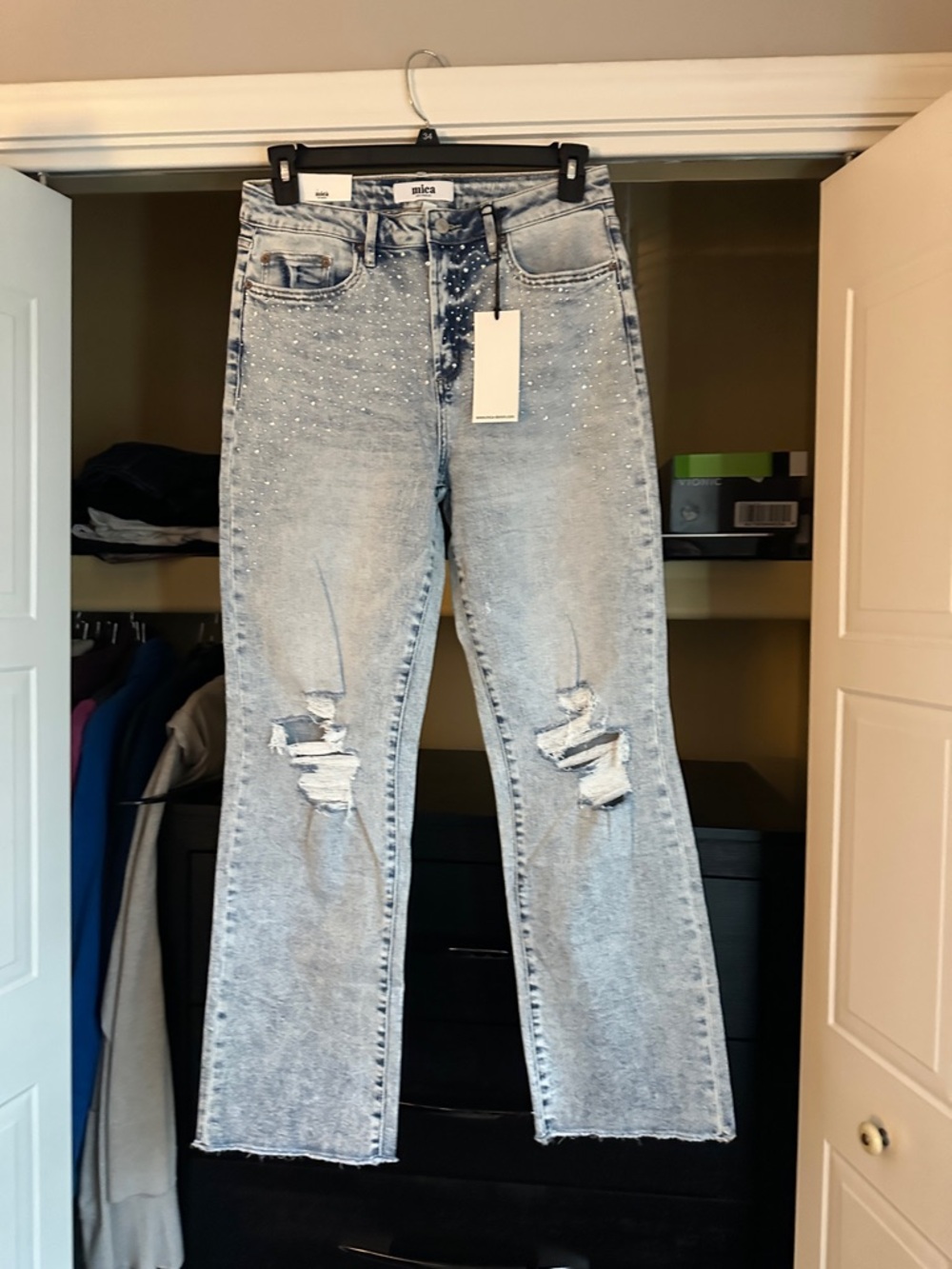 Light Wash Distressed Women's Jeans with Embellishment-Mica